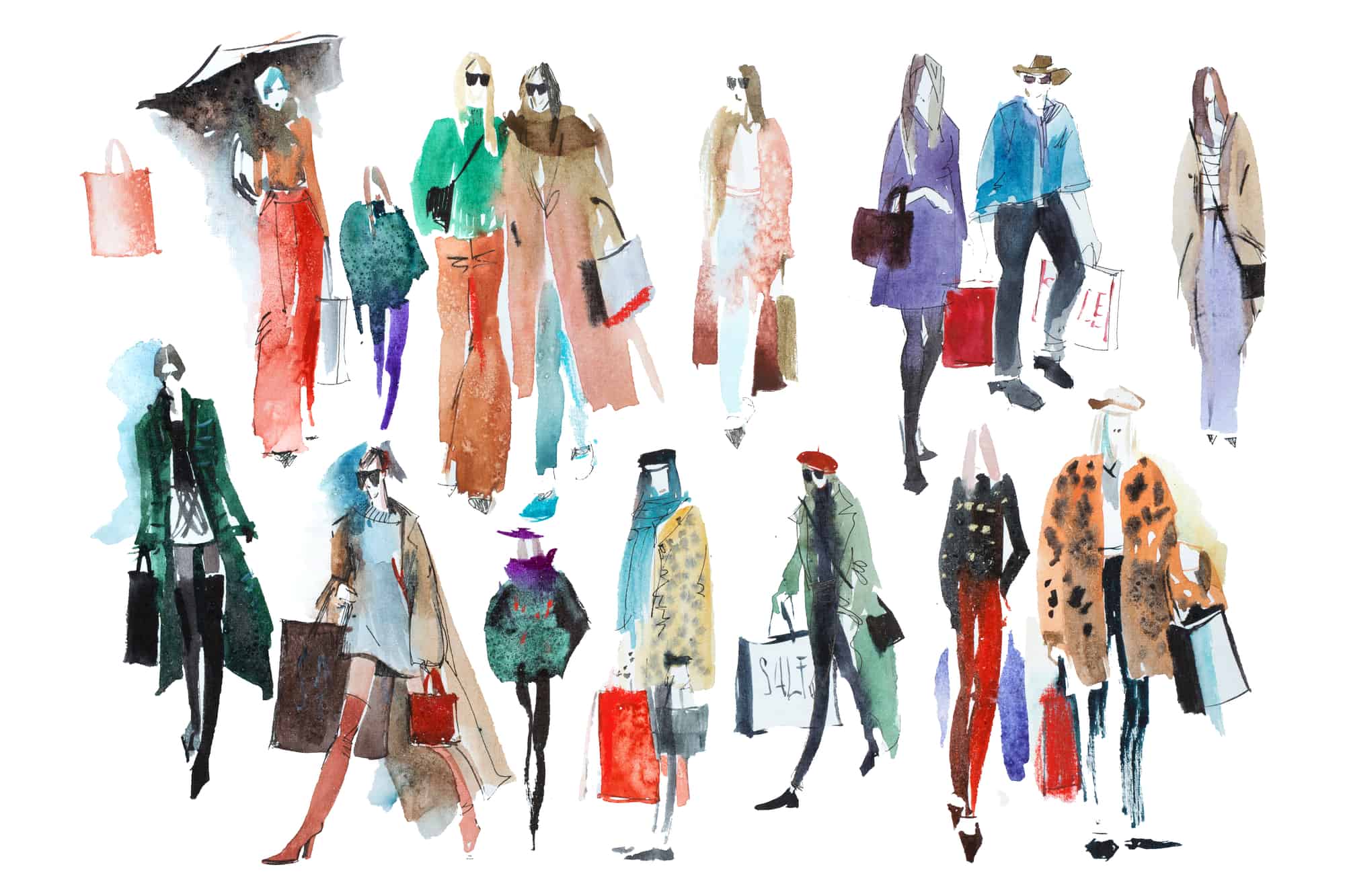 Hand drawn watercolour people with shopping